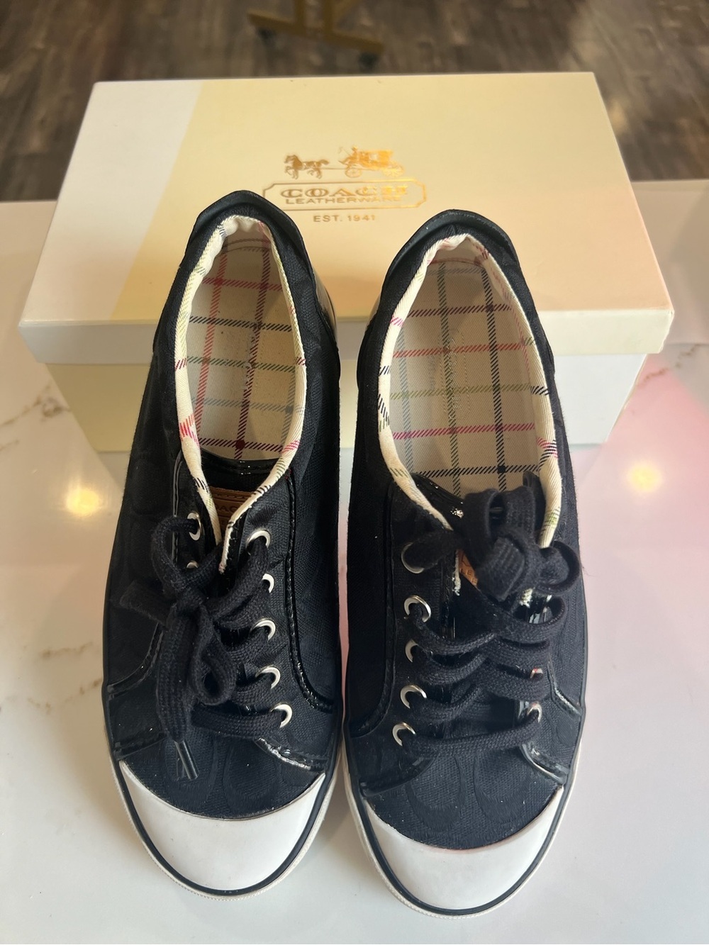 Coach Black Canvas Low-Top Sneakers with Plaid Lining